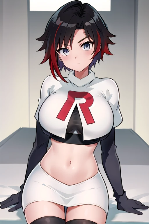 masterpiece, best quality, detailed, hd, ruby rose, 1girl, grey eyes, red hair, multicolored hair, team rocket,team rocket unifo...