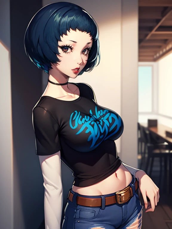 fuukap3, short hair ,glossy lips ,blue hair, 1girl, solo, black t-shirt, white shirt, blue jeans, belt, lipstick, large breasts,