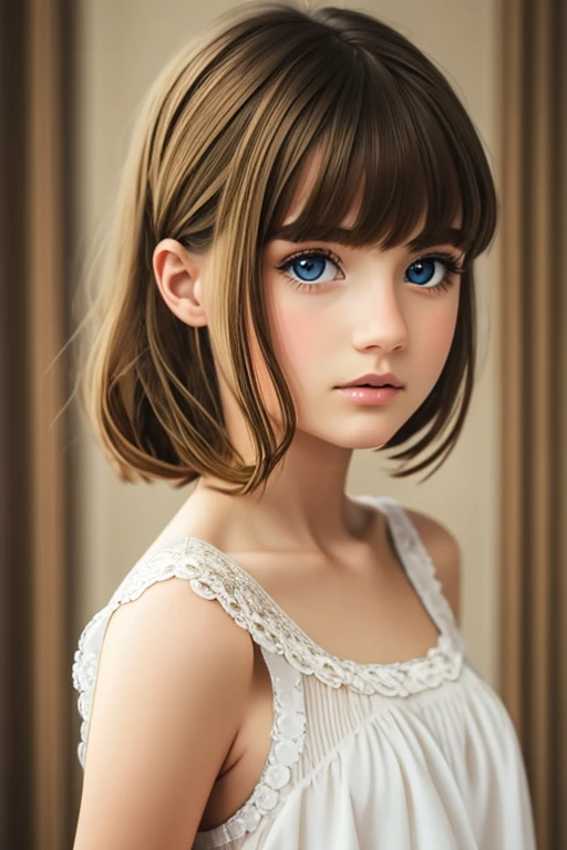 (extremely delicate and beautiful: 1.2), 1 girl, Fashion girl, Bangs, Beautiful eyes, Bow down, brown hair, Keep your mouth shut, move, hair between eyes, hair Bow down, Short sleeve, staring at the viewer, medium hair, alone, Upper Body, School: 1.3, ((al...