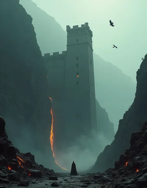 scary horror scene, 35mm vintage, dark grainy old photo, gigantic monolithic Mediterranean stone castle carved into a giant rocky mountain cliff formation, Olympus, vast scenery, lava drooling, HAZE, FOG, CROWS IN Sky