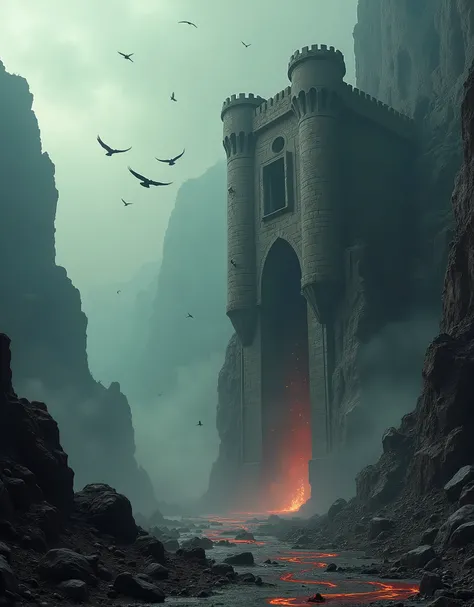 scary horror scene, 35mm vintage, dark grainy old photo, gigantic monolithic Mediterranean stone castle carved into a giant rocky mountain cliff formation, Olympus, vast scenery, lava drooling, HAZE, FOG, CROWS IN Sky