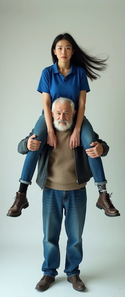 A photograph of a short, British white caucasian old man with white hair, white beard, skinny, wearing blue polo, oversized jeans, and a brown shoes. The British caucasian old man is confidently holding a sexy Korean woman on her shoulders. The Korean woma...