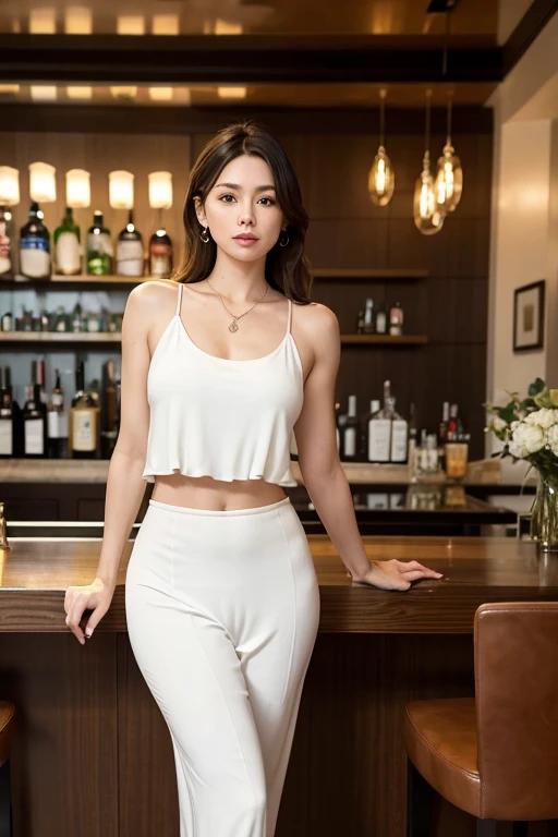 the most beautiful and slender female in the world, 40-year-old beautiful female, very famous actress, 8 heads tall, perfect figured, at the bar, dark lighting, sitting on the stool at the bar counter, put her clutch bag next to her, legs crossed, necklace...