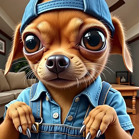 The image is a close-up of a dogs face. The dog appears to be a Chihuahua, with brown fur and a black nose. It is wearing a blue baseball cap and a denim shirt with suspenders. The background shows a living room with a couch, a coffee table, and a ceiling ...