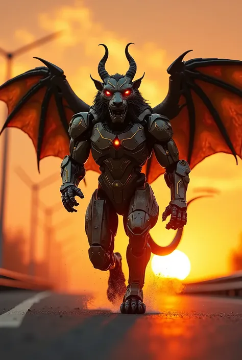 Robot and lion combination stand up  sun set high way whith golden and dark metal suit running with red eyes and horns and big wings 