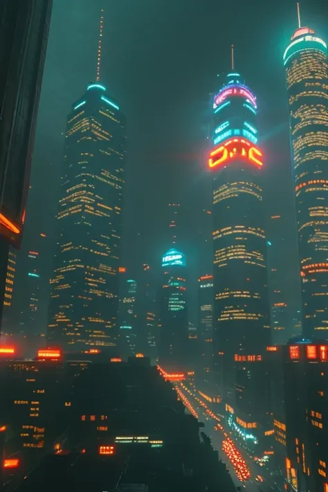 extremely detailed city landscape, worm's eye view, retro 1980s cyberpunk city, skyscrapers and buildings, an imposing martian p...