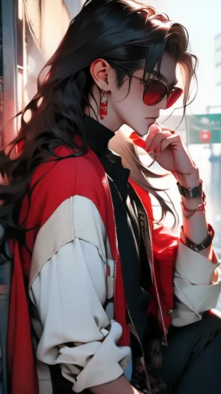 Korean idol, young male, black hair, long hair, red sunglasses, red cardigan