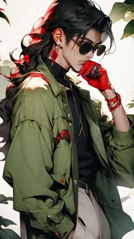 Korean idol, young male, black hair, long hair, red sunglasses, red cardigan