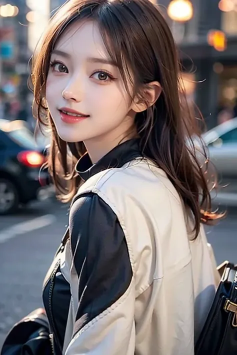 ((masterpiece)), ((Best Quality)), (Super detailed), Genuineistic, Genuine, One girl, Alone, Super cute face , Medium chest , Semi-long hair , city, town, Daytime, autumn, (big white jacket), (Black turtleneck sweater), (black pleated mini skirt), (Black b...