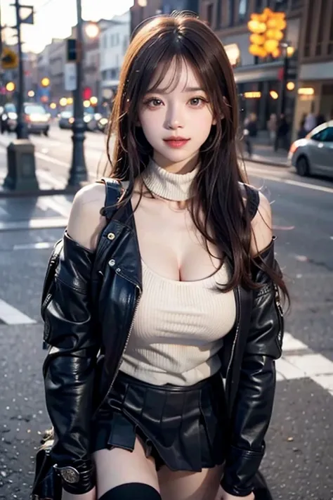 ((masterpiece)), ((Best Quality)), (Super detailed), Genuineistic, Genuine, One girl, Alone, Super cute face , Medium chest , Semi-long hair , city, town, Daytime, autumn, (big white jacket), (Black turtleneck sweater), (black pleated mini skirt), (Black b...