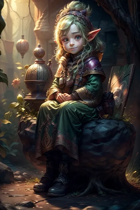 (Full Focus: 1.5), (whole body: 1.5), (Standing with feet together: 1.2), (Fantasy forest elf child with pale green skin and shiny light brown hair in a dynamic pose, Smiling and dreamily sitting on a rock:1.3), Cinematic Lighting, Shine, ((Lush forest tre...