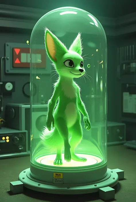 Animated green fox in a capsule undergoing a radioactive process 