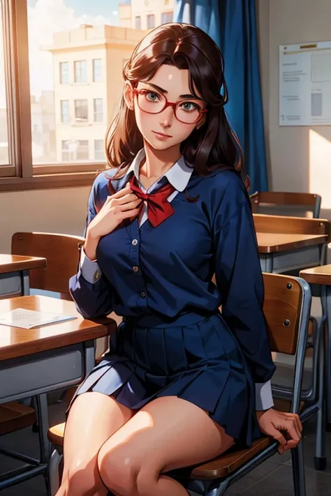 a beautiful young girl in a school uniform, sitting alone in a classroom, her red glasses on her head, a sensual and alluring expression on her face, 1 girl, high quality, masterpiece, hyperrealistic, 4k, 8k, ultra-detailed, photorealistic, physically-base...