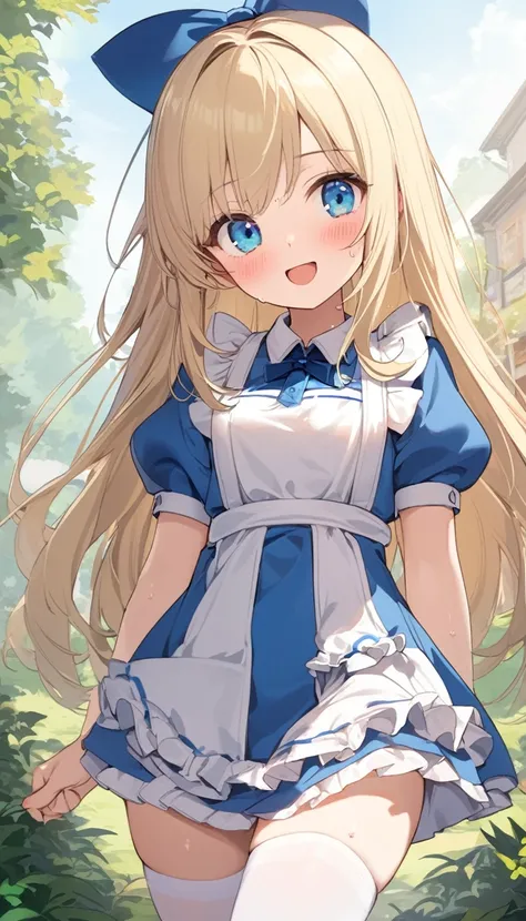 1girl, alice, solo, blue eyes, blonde hair, blue hairbow, long hair, puffy short sleeves, white apron, blue dress, white thighhighs, small breasts, sweat, blush, open mouth, smile, standing, from front, looking ahead, (gleaming skin), extremely detailed ou...