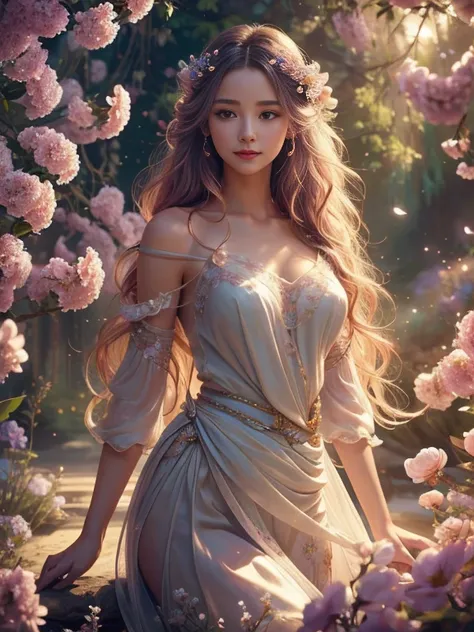 Soft Lighting,8k, Ultra HD、Dreamy atmosphere, Exquisite aesthetics, Fantasy Theme,Calm expression、Natural elements, Background with lots of flowers, Delicate details, Flowing Hair, Beautiful hair、Twist your waist、Beautiful eyes、Whimsical Pose, Vibrant colo...