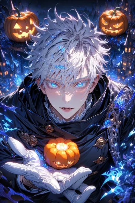 absurdres, highres, ultra detailed, HDR, master piece, detailed face, detailed eyes, Gojou Satoru, white hair with bangs, expressive blue eyes, white eyelashes, black coat, red cape, white cravat, sexy man, Jujutsu Kaisen, best quality, solo, fantasy, magi...