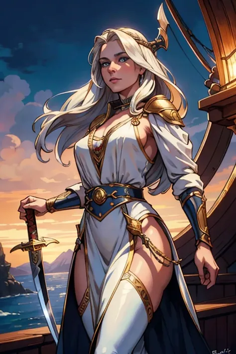 intricate portrait of a beautiful white-skinned and silky-haired woman, Belit the Queen of the Black Coast, inspired by the art style of John Buscema, standing on the deck of her pirate ship, holding a sharp sword, dramatic lighting, cinematic composition,...