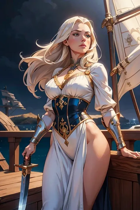 intricate portrait of a beautiful white-skinned and silky-haired woman, Belit the Queen of the Black Coast, inspired by the art style of John Buscema, standing on the deck of her pirate ship, holding a sharp sword, dramatic lighting, cinematic composition,...