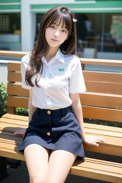 service area、japanes、a beauty girl、15yo student、motor car、wavy hair、sit on a bench、white shirt open button , sexy, open her thigh 