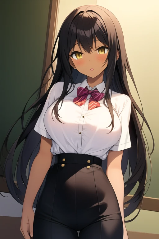 Anime girl with long black hair yellow eyes brown skin average size breasts white schoolgirl outfit slim waist