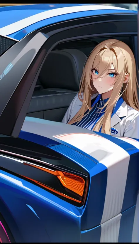 masterpiece , modern, Verism, masterpiece, super detail, best quality, 4K ,((Adult face)), woman,Wearing a white coat,Mature woman アメスク Rubia ojos azules 
Cabello azul, Plano americano, Cabello largo, Senos grandes, Ojos azules race_queen Sexy Ford mustang...