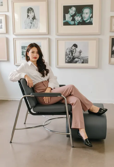 a stylish cambodian woman relaxes on a sleek modern sofa, adorned in a chic sampot. the backdrop features a contemporary art gal...