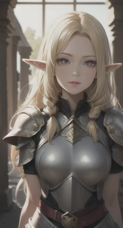 Ancient elf, paladin, lady Hylexia, blonde, red eyes, paladin braids, looking at viewer, incoming hug, kiss, long messy hair, ancient kingdom, ancient paladin armor,