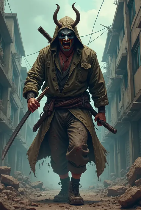 Create an image of a man surviving a zombie apocalypse with his worn out clothes, with a hood, with a Japanese demon mask and a katana. (that is full body and has anime style)



