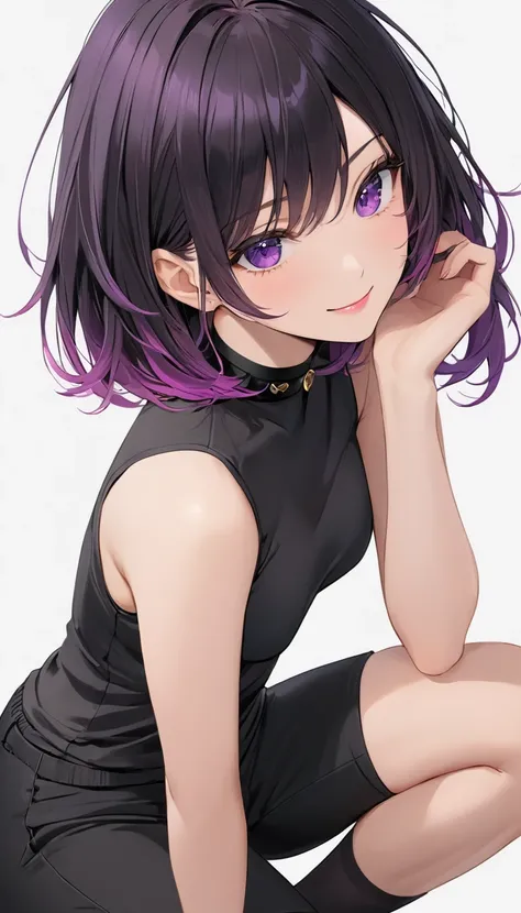 High-resolution anime digital art, Masterpiece, tomboy, mature, sexy, smart, Layered Bob hair style color pitch black, black plain velvet choker, real detail purple eyes pupil, jacket plain black, black Sleeveless T-shirt, short black pants, long tight sto...