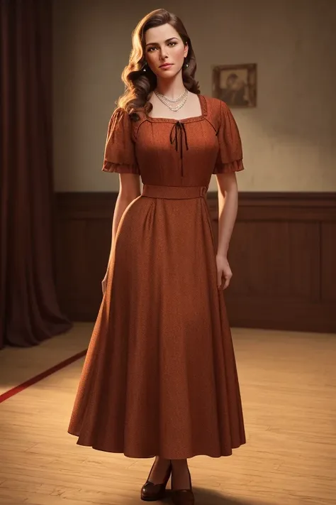 a beautiful woman in a 1940s american vintage style, long brown hair, blue eyes, slender figure, medium bust, wearing a traditional 1940s dress, a first grade teacher, graceful and intelligent, full body standing in a playground, (best quality,4k,8k,highre...