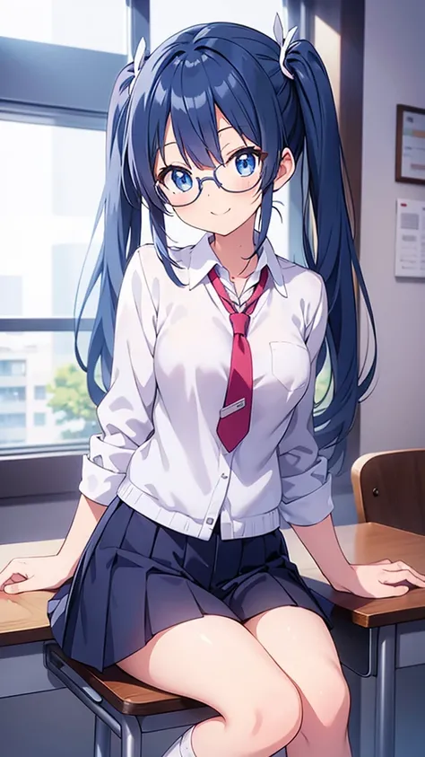 Anime Girls　Twin tails　Glasses　White crew socks　Black loafers and blazer uniform　tie　Blue Hair　Piano playing classroom　Sitting in a chair　8K resolution Blue Eyes　smile