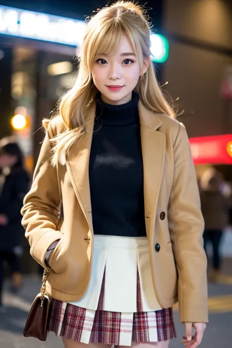 ((Best Quality)), ((masterpiece)), (detailed), Real, One Japanese girl, winter, skirt, shirt,  university student, Blonde, Half Up, Wave, movie theatre