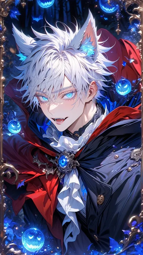 absurdres, highres, ultra detailed, HDR, master piece, detailed face, detailed eyes, Gojou Satoru, white hair with bangs, expressive blue eyes, white eyelashes, black coat, red cape, white cravat, sexy man, Jujutsu Kaisen, best quality, solo, fantasy, magi...