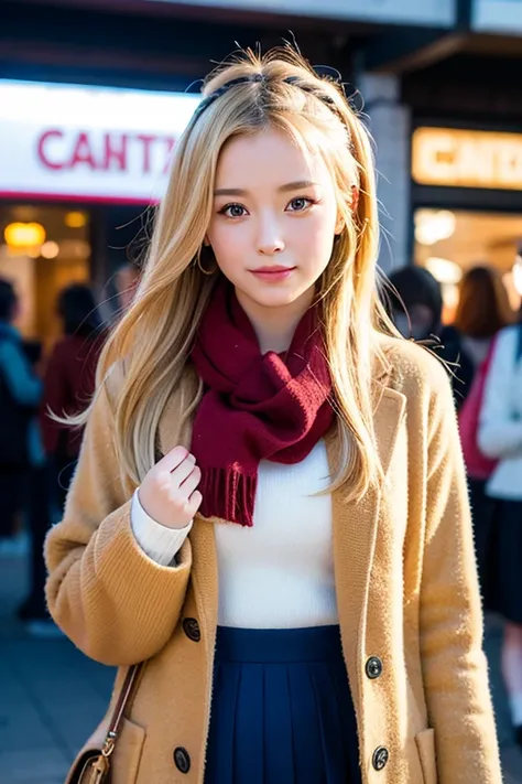 ((Best Quality)), ((masterpiece)), (detailed), Real, One Japanese girl, winter, skirt, shirt,  university student, Blonde, Half Up, Wave, movie theatre