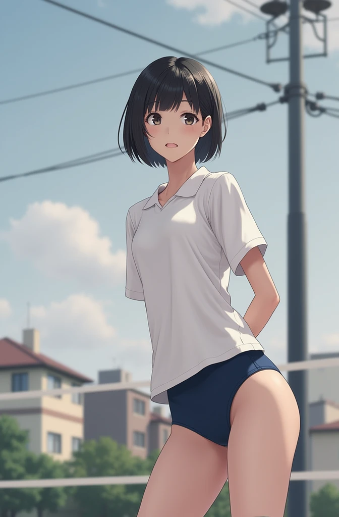 8k,Japanese,(Real),(photograph),(delicate),(Idol),(Short Hair),(A thoughtful smile),(((The upper body is wearing a plain white long gym uniform))),((The lower abdomen is covered with plain navy blue volleyball bloomers.)),((Short white ankle socks)),((Perf...