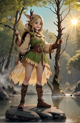 sepia,Illustration,vision,Landscape painting,door,(Full Focus: 1.5), (whole body: 1.5), (Standing with feet together: 1.2), (Fantasy forest halfling with pale green skin and shiny light blonde hair in a dynamic pose, Smiling and dreamily sitting on a rock:...