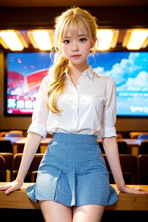 ((Best Quality)), ((masterpiece)), (detailed), Real, One Japanese girl, summer, skirt, shirt,  university student, Blonde, Half Up, Wave, movie theatre