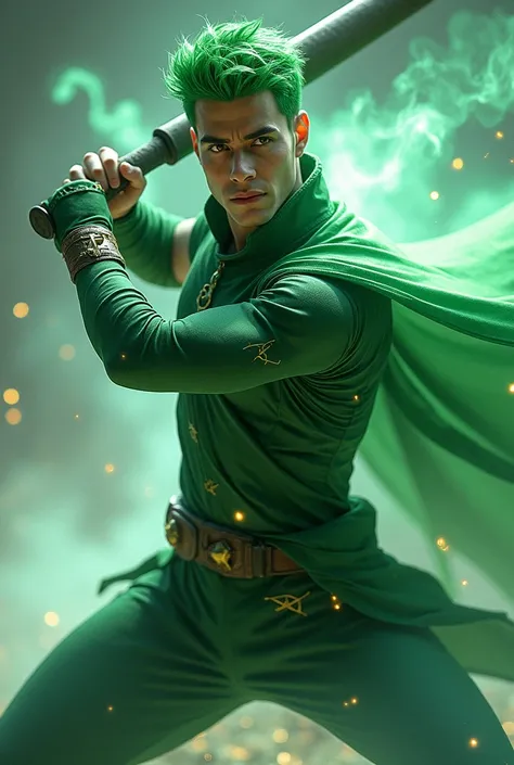 Full body photorealistic handsome hunky young slender futuristic male hero with green hair wearing Green micro scale textured ninja hooded costume .with embossed " star " symbol and wristbands that  manipulate energy , his body is covered with silver moons...