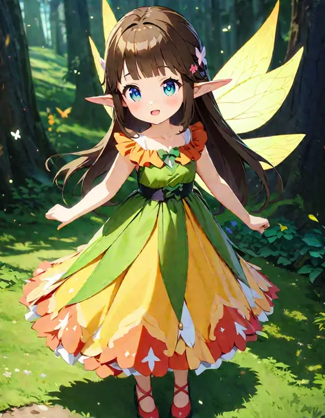 Winged anime girl in green and black outfit on a green background, Pixie character, Fairy, forest Fairy, Insect trainer girl, brunette elf with Fairy wings, Pixie, cute 3d アニメ girl rendering, April Rendering, Fairy dance, (Best Quality、masterpiece、High res...