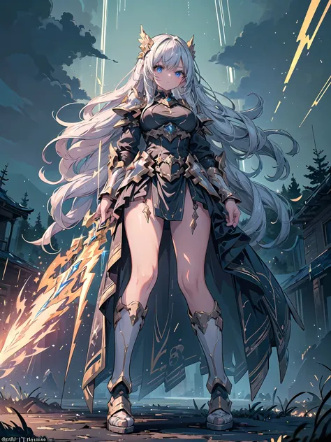 (((masterpiece, best quality, high detailed, 16k))) (1girl) A majestic and powerful warrior goddess with flowing golden hair and piercing storm-blue eyes. Her armor is bright, glowing gold, and white, crackling with arcs of lightning. She wields a massive ...