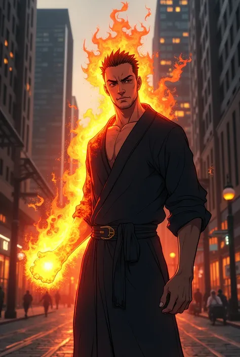 Anime, man, dressed in black clothes, wraped with a black tunic, his right hand is burning, with a flame bigger than his palm, the right half of his body and his face seems to be made of fire, burning, modern streets background