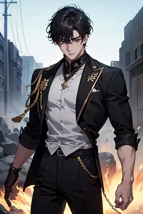 8k, Best Quality, masterpieceHighly detailed, Semi-realistic, One Man,  Hold up your hands, Very short black hair with bangs, Very Short Hair, Golden Eyes, Black Suit, Black pants, Black details, Muscular build, Cold look, Battle Scenes, Outdoor, White bac...