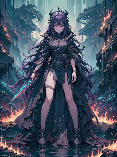 (((masterpiece, best quality, high detailed, 16k))) (1girl) A fierce and regal goddess with long dark purple hair and glowing ember-like eyes. She wears an obsidian armor adorned with gemstones and intricate underworld symbols. In one hand, she holds a fla...