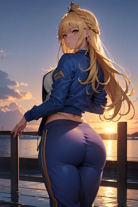 masterpiece, highest quality, ultra high resolution, (beautiful girl: 1.3), crown braid、look around you、 (blue sweatpants: 1.3),...