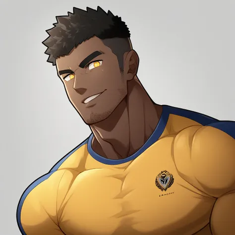 anime characters：Gyee, Young Muscle Sports Teacher, negro black skin, Manliness, male focus, Dark yellow long sleeve tight T-shirt, Slightly transparent texture, Very tight, Slightly transparent, muscular male, muscular, only, Upper body, alone, Black shor...