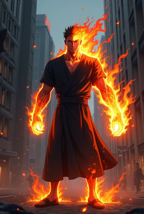 Anime, man, dressed in black clothes, wraped with a black tunic, his right hand is burning, with a flame bigger than his palm, the right half of his body and his face seems to be made of fire, burning, modern streets background