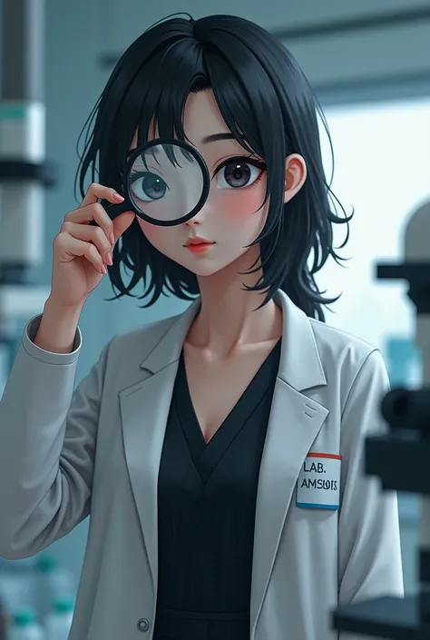 A fair brunette girl, Black skin color and black eyes wears a black dress and a white doctor&#39;s coat. He has a name tag on his coat called"lab. Abigail ". She has a magnifying glass in her hand