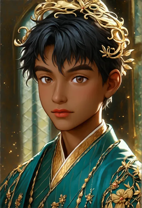 1boy, koyo, (youthful, innocent-looking 1 with a slightly boyish appearance, reflecting his tender age), (dark skin, 185 cm tall, with a slender yet athletic build), (short, tightly curled black hair, adding volume and texture to his oval-shaped face), (de...