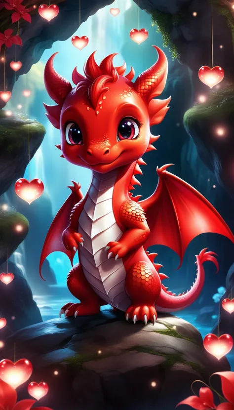 best quality fantasy art of an adorable red baby dragon, ribbon, heart, light bokeh, kawaii cave background