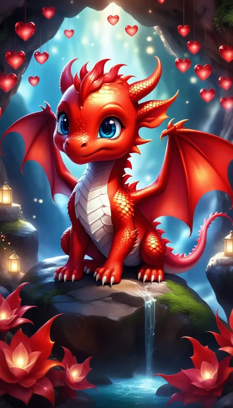 best quality fantasy art of an adorable red baby dragon, ribbon, heart, light bokeh, kawaii cave background